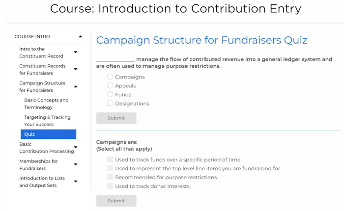 A screenshot of a quiz within a Tessitura training module online