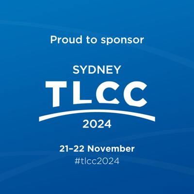 White text on blue graphic that says "Proud to sponsor TLCC Sydney 2024, 21-22 November, #tlcc2024"
