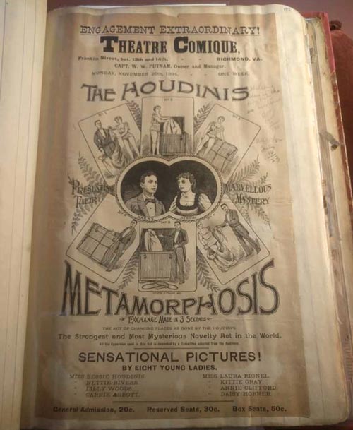 A poster for the Theatre Comique presenting The Houdinis in a show called Metamorphosis. 