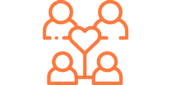 Orange illustration of four people arranged around a heart