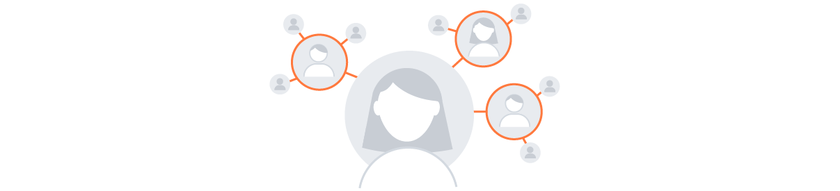 Illustration showing people, some of them surrounded by orange circles and all connected by orange lines