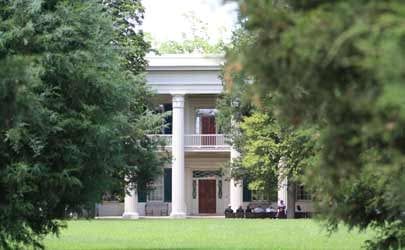 A large house with white columns, framed by large shrubbery