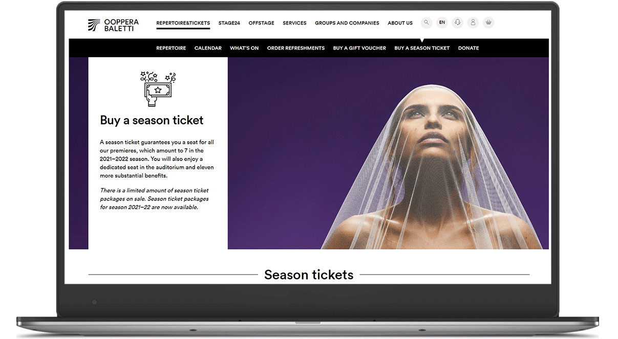 Laptop showing Finnish Ballet subscription webpage