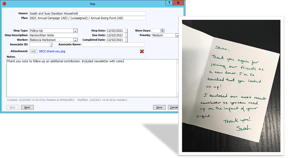 Handwritten thank you note attached to a plan step