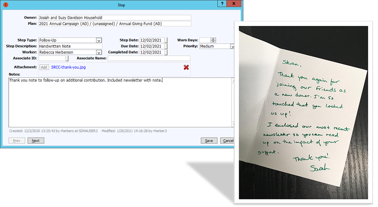 Handwritten thank you note attached to a plan step