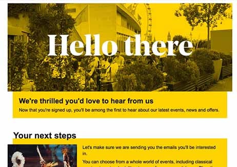 Screenshot of an email reading "Hello there, we're thrilled you'd love to hear from us"