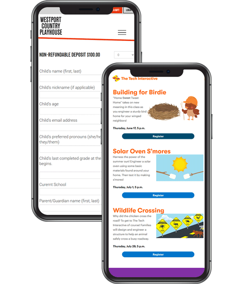 two mobile phones showing camp and class registration