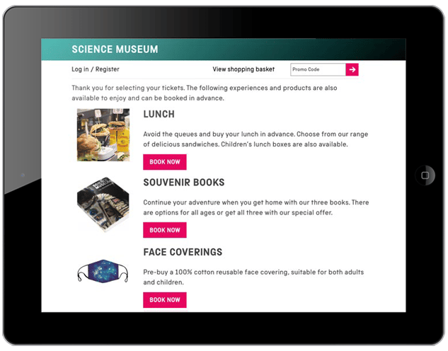 Screenshot of Science Museum website with options to purchase a lunch, souvenir book, or a face covering.