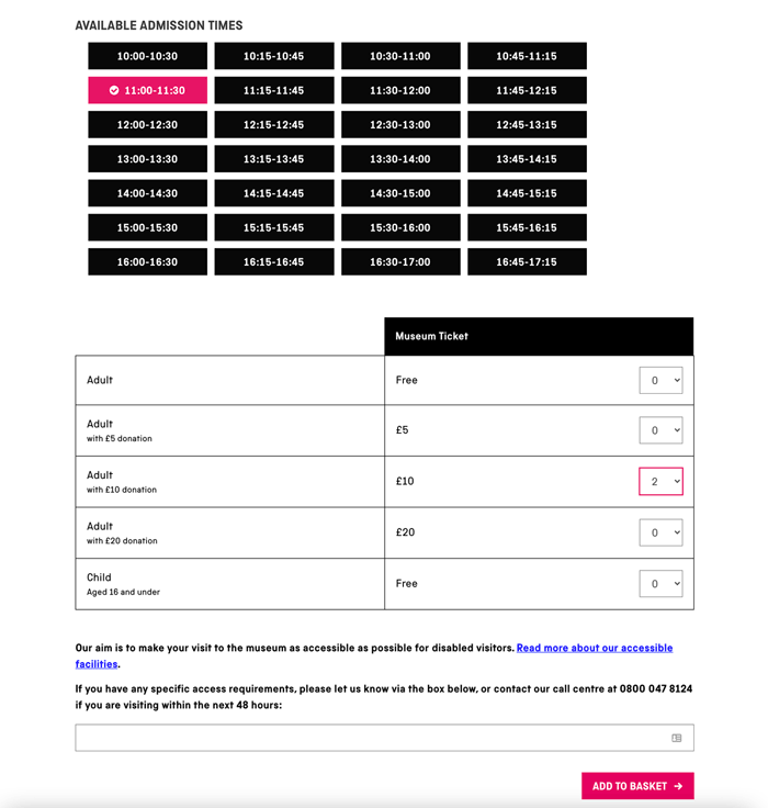 Screenshot showing a selection of times to select, a grid of pricing options from Free to £20 donation, and a space in which to list any special access needs.