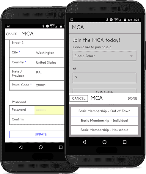 Two mobile phones showing membership screens from MCA Chicago