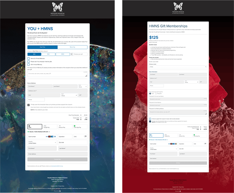 Screenshot of Houston Museum of Natural Science's annual fund and gift membership forms