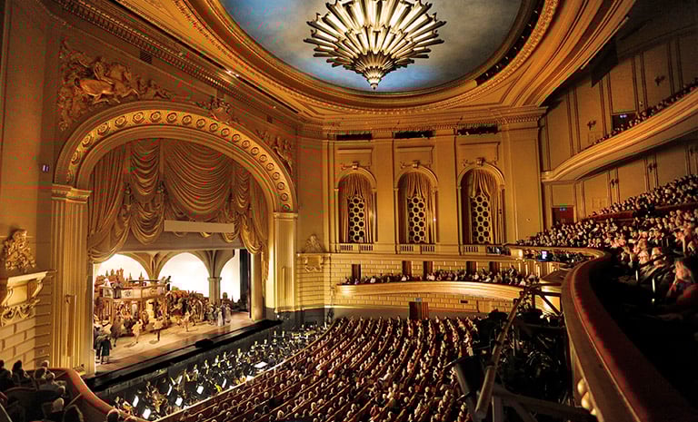 Wide angle view of the War Memorial Opera House's interior during a performance with large attendance