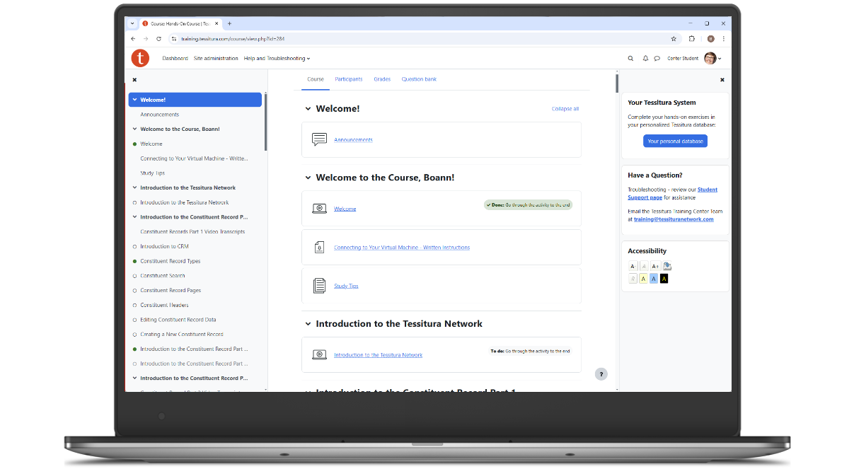 Screenshot from an online course interface, showing a welcome message