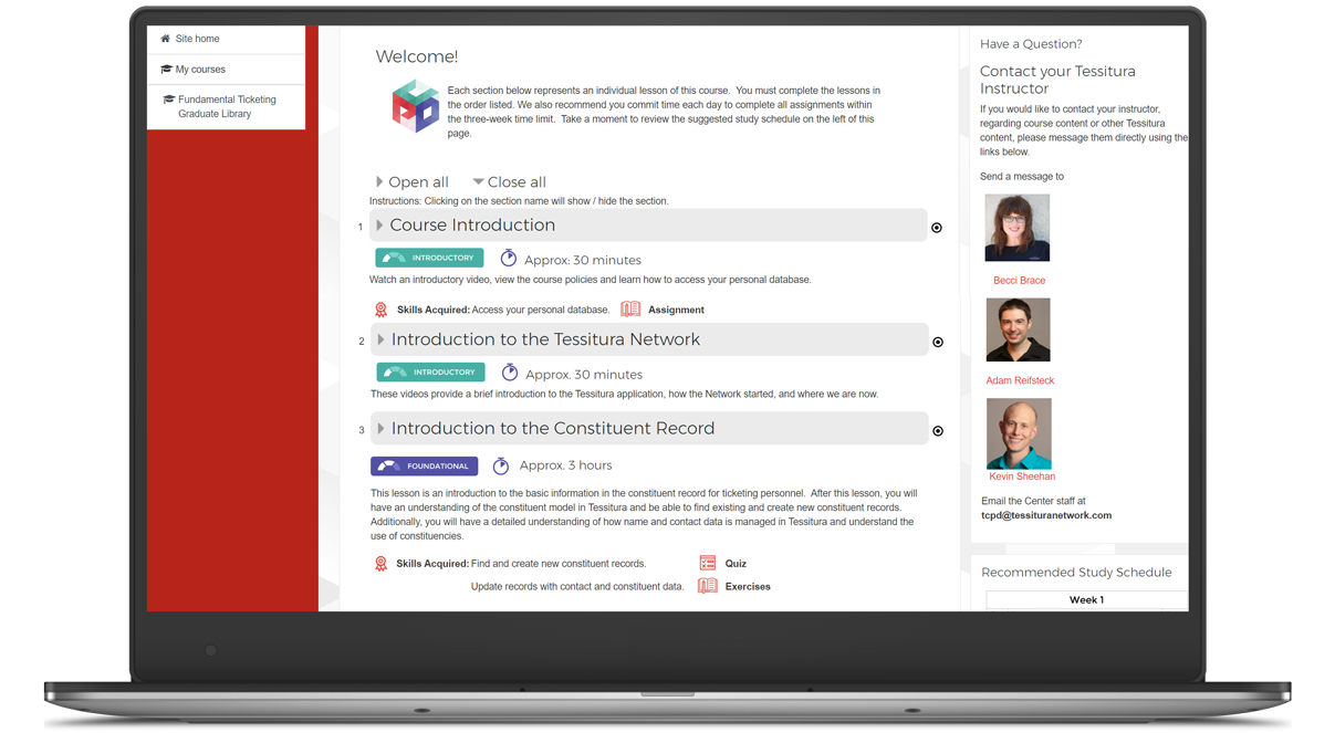 Screenshot from an online course interface, showing the instructors' photographs and a welcome message