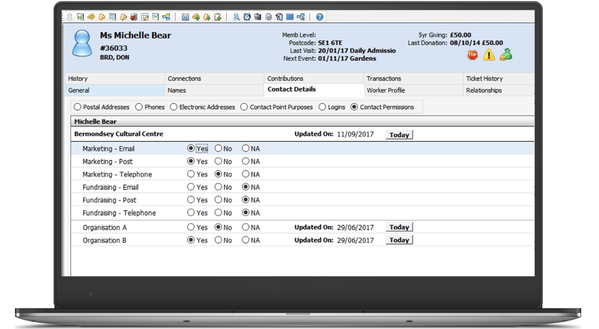 screenshot of Contact Permissions in constituent record