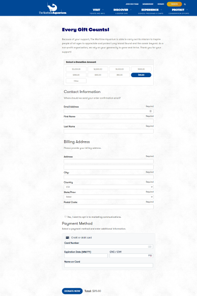 Maritime Aquarium One Page Giving site