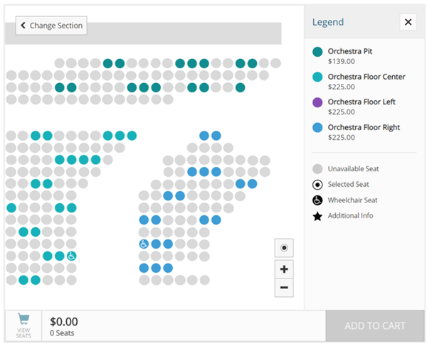 Section of a seat map showing socially distanced blocks of seats