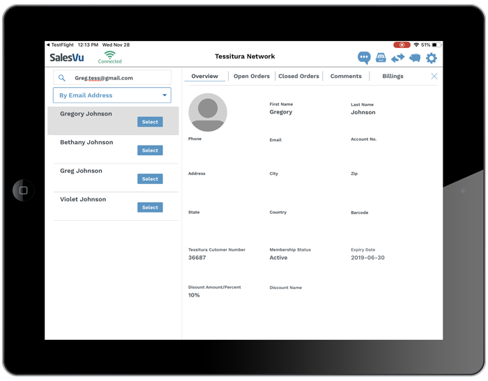 Screenshot on an iPad showing the lookup in SalesVu of a customer in Tessitura