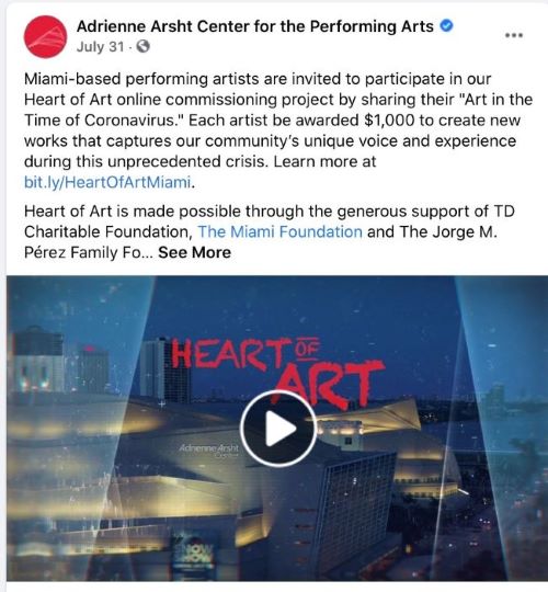 Screenshot of Facebook post promoting 'Heart of Art'.