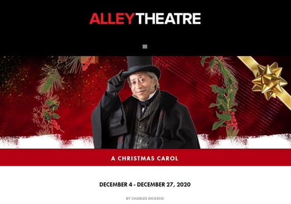 Screenshot showing Alley Theatre: A Christmas Carol with a photo of an actor in Victorian period costume