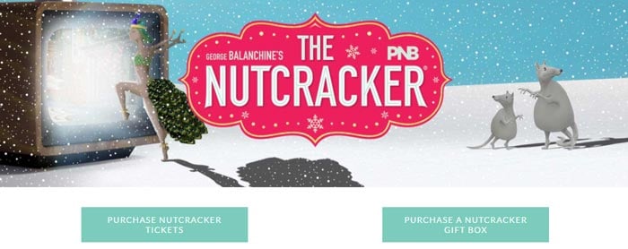 Screenshot headed 'The Nutcracker' with two mice standing in the snow and buttons to purchase Nutcracker Tickets or a Nutcracker gift box