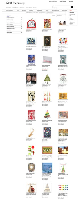 Screenshot from the Met Opera online shop showing an array of holiday items