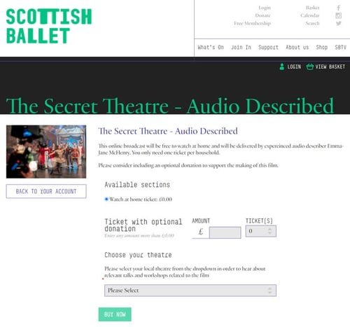 Screenshot of a ticket purchase with optional donation for 'The Secret Theatre - audio described' at Scottish Ballet
