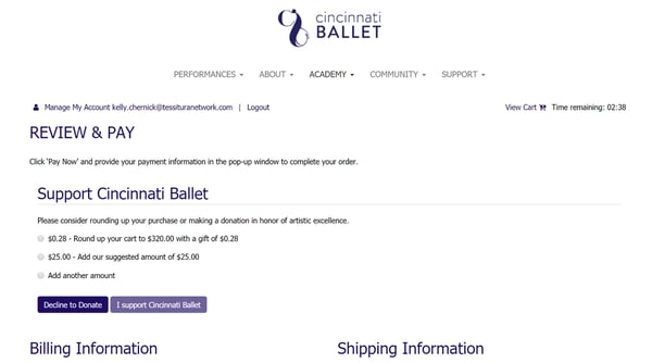 Screenshot of Cincinatti Ballet's round-up donation feature at checkout
