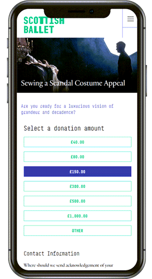Screenshot of Scottish Ballet's donation path on mobile phone