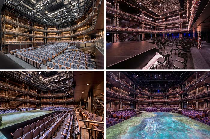 Four interior photos of The Yard at Chicago Shakespeare, each one showing a different configuration of stage and seating as well as different lighting.