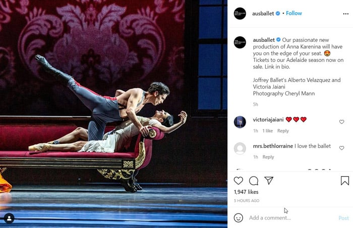 Screenshot of an Instagram post by @ausballet showing two dancers on a burgundy velvet couch. Caption: 'Our passionate new production of Anna Karenina will have you on the edge of your seat.'