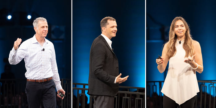 A composite image of three people speaking. From left: Chuck Reif, Andrew Recinos, and Kristin Darrow. All three are seen from the waist up.