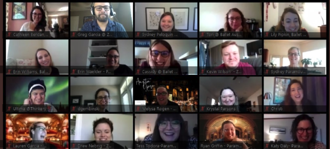 Grid of faces from Zoom video call.