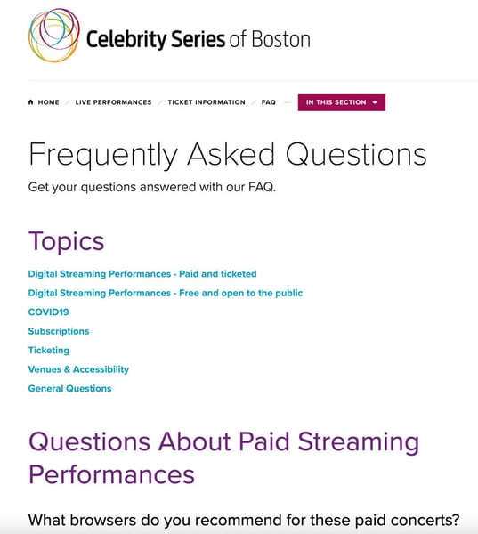 Screenshot with the Celebrity Series logo at the topic. The heading Frequently Asked Questions is followed by a list of topics, the first one being Questions About Paid Streaming
