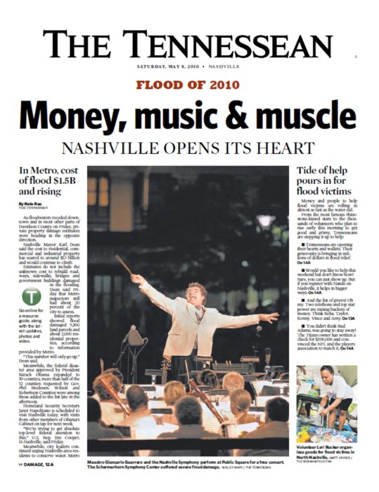 Front page of The Tennessean newspaper with the headline: “Money, music & muscle/Nashville opens its heart.” 