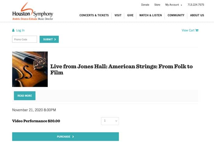 Screenshot from the Houston Symphony website showing the purchase of an online concert, Live from Jones Hall: American Strings: From Folk to Film