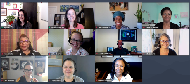 Screenshot of zoom call featuring 11 people smiling on web cams from their home offices.