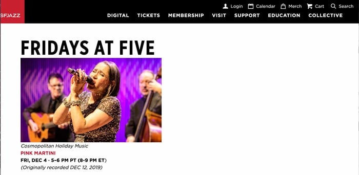 Screenshot from the SFJAZZ website showing 'Fridays at Five' with a photo of the band Pink Martini