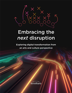 Cover image showing a black background with colorful, neon lines and white text reading Embracing the next disruption: Exploring digital transformation from an arts and culture perspective