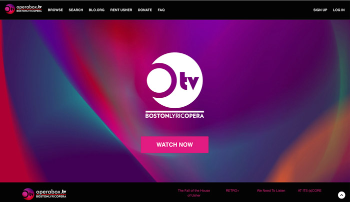 Screenshot showing a background of purple, blue, and red swirls with an Otv logo and a 'watch now' button. 'Boston Lyric Opera' in small capital letters.