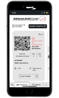 Image of True Ticket placeholder ticket displayed on mobile phone.
