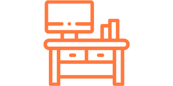 Orange illustration of a desk with a computer on it