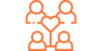 Orange illustration of four people arranged around a heart