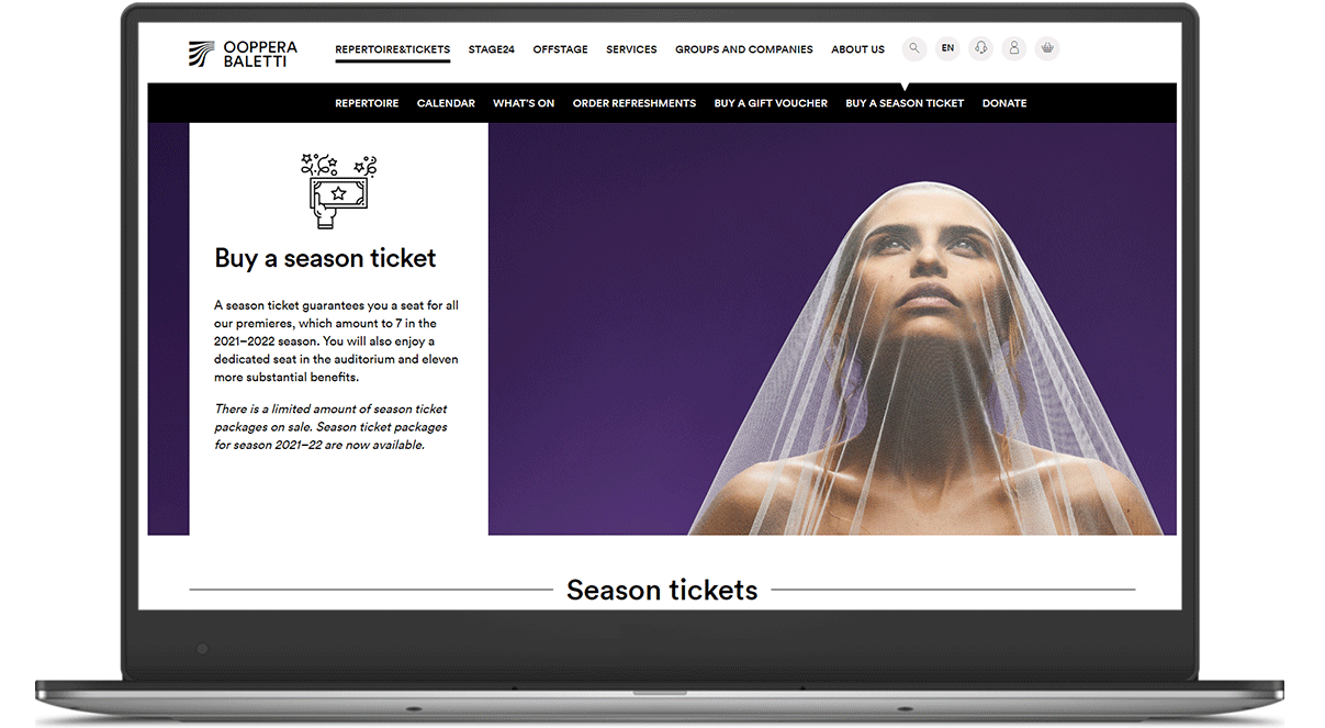Laptop showing Finnish Ballet subscription webpage