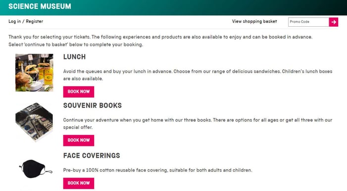 Screenshot of Science Museum website with options to purchase a lunch, souvenir book, or a face covering.
