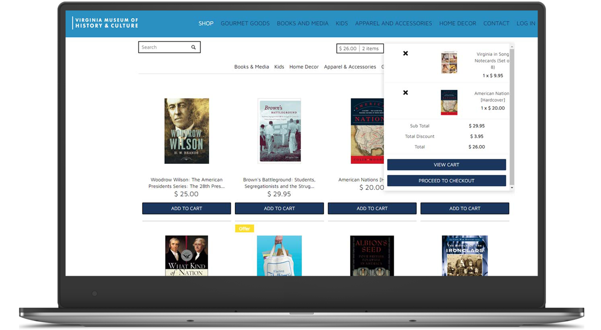 Screenshot of Virginia Museum of History & Culture online store, viewing items including books and notecards.