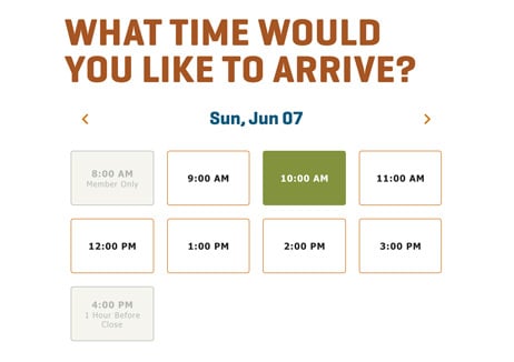 A screenshot showing the question "What time would you like to arrive?" with boxes to select an entry time