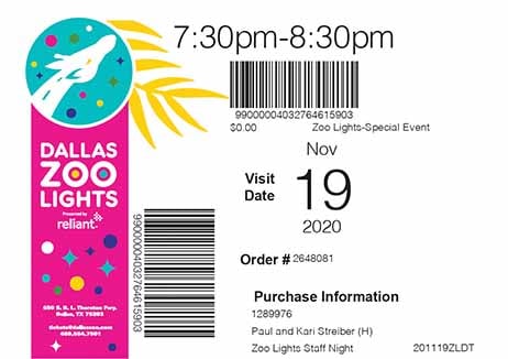 A print-at-home ticket for Dallas Zoo Lights with the visit date, entry time, and a barcode