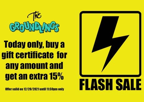 Screenshot of black text on a yellow background reading "Flash sale! Today only, buy a gift certificate for any amount and get an extra 15%"