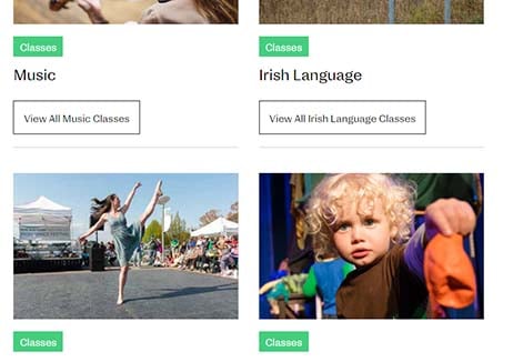 Screenshot showing links to classes in Music, Irish Language, and others